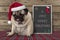 Cute grumpy pug puppy dog with red santa hat sitting next to blackboard sign with text very merry Christmas, on wooden background