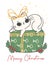Cute grumpy white kitten cat Christmas on green gift box, Meowy Christmas, adorable joyful cartoon animal hand drawing vector