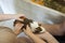 Cute guinea pig in children hands