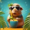 A cute guinea pig with coconut drink expressing a tropical vacation vibe Generative AI