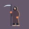Cute guy wearing grim reaper scarecrow costume man with scythe standing pose happy halloween party celebration concept