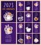 Cute Halloween calendar 2023 template. With rabbit symbol of year, ghosts, bat and Jack o lantern pumpkin on purple