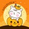 Cute Halloween cat unicorn on pumpkin cartoon Kawaii animal