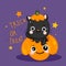 Cute Halloween cat vector with pumpkin icon, lovely kitty Trick or treat for holiday October