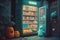 Cute Halloween ghost at the refrigerator with drinks. Generative Ai.