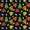 Cute Halloween Ghosts seamless pattern with ghosts in orange, green, red, yellow and white on black background.