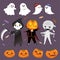 Cute Halloween illustrations with pumpkins, ghosts, grim reaper, zombies and more