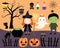 Cute Halloween kids, cats, a ghost