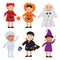 Cute Halloween kids set. Boys and girls wearing devil, witch, pumpkin, vampire and mummy costumes