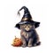 Cute Halloween kitty cat clipart icon with witch hat and pumpkin AI generated Halloween artwork