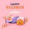 Cute Halloween pumpkin. Pink Happy Halloween holiday greeting postcard.