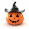 Cute Halloween Pumpkin With Witch Hat - 3d Render On White Background