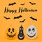 Cute Halloween pumpkins with funny smiling faces and paper bats flying over orange background. Halloween background.
