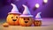 Cute Halloween pumpkins wearing witch hats smiling on purple background 3D illustration. Generative AI