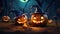 Cute Halloween Pumpkins with Witch in Moonlit Graveyard AI Generated