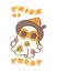 Cute Halloween retro ghost with daisy flowers glasses cartoon doodles.  Trick or treat