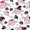 Cute halloween seamless pattern for kids with kawaii bat characters with pumpkins and witch hats on white background