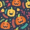 Cute Halloween seamless pattern. Pumpkins, leaves and flowers floating on a dark background.