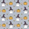 Cute halloween seamless vector pattern background illustration with ghost, pumpkin and candies