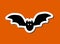 Cute Halloween sticker of scarry day symbols. Funny cartoon black bat is on orange background. Thick white stroke and black shadow