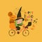 Cute Halloween Witch riding Bicycle with Pumpkins and Black Cat