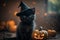 A cute halloween witches black cat wearing a witch hat. Generative ai