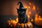 A cute halloween witches black cat wearing a witch hat. Generative ai