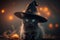 A cute halloween witches black cat wearing a witch hat. Generative ai