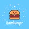 Cute hamburger cartoon comic character with smiling face tasty fastfood happy emoji kawaii style classic american fast