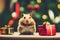 Cute hamster with christmas gift. ai generated. Hamster celebrating christmas. Christmas hamster