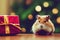 Cute hamster with christmas gift. ai generated. Hamster celebrating christmas. Christmas hamster