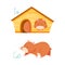 Cute hamster demonstrating English preposition of place and verb. Educational material for kids cartoon vector