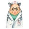 Cute hamster doctor in a coat and glasses with a stethoscope. Watercolor illustration. Isolated object on white