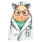 Cute hamster doctor in a coat and glasses with a stethoscope. Watercolor illustration. Isolated object on white