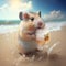 Cute hamster drinking coctail on the sandy beach in the summer