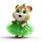 Cute Hamster In Green Skirt: Realistic Rendering, Disney Animation, Stylish Costume Design