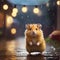 Cute hamster in raincoat and jacket on blurred background. Generative AI