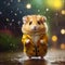 Cute hamster in raincoat and jacket on blurred background. Generative AI