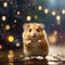 Cute hamster in raincoat and jacket on blurred background. Generative AI