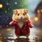 Cute hamster in raincoat and jacket on blurred background. Generative AI