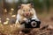 Cute hamster with small photo camera