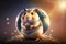 Cute hamster stands in front of planet earth for protection, holds flowers in his hands. Earth day concept. Generative