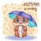 Cute hamster with umbrella, autumn is coming, hamsters cartoon characters, funny animal character.