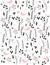 Cute Hand Drawn Abstract Meadow with Birds Vector Pattern. Black Twigs, Flowers and Leaves and Pink Hearts and Birds Among Them.