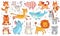 Cute hand drawn animals. Friendship animal funny doodle cat, decorative adorable fox and baby bear isolated vector