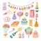 Cute hand drawn birthday set. Trendy holiday elements, party decoration, cupcakes, candles, gifts, balloons, party hat