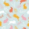 Cute hand drawn bunnies in a flower meadow, easter seamless pattern