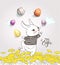 Cute hand drawn bunny dressed in striped t-shirt juggling with colorful eggs on dandelion field and Happy Easter