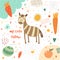 Cute hand drawn card, postcard with zebra