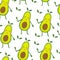 Cute hand drawn with cartoon avocado. Funny cartoon avocado healhty food. Fresh print. Seamless pattern